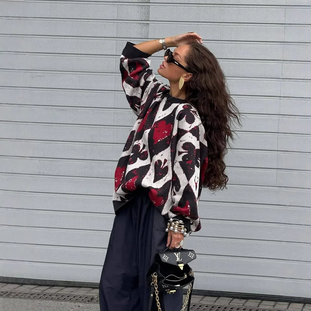 

FW25 Винтажный свитер Fair Isle, женский черный, красный цвет, пуловер с геометрическим узором, верхняя одежда