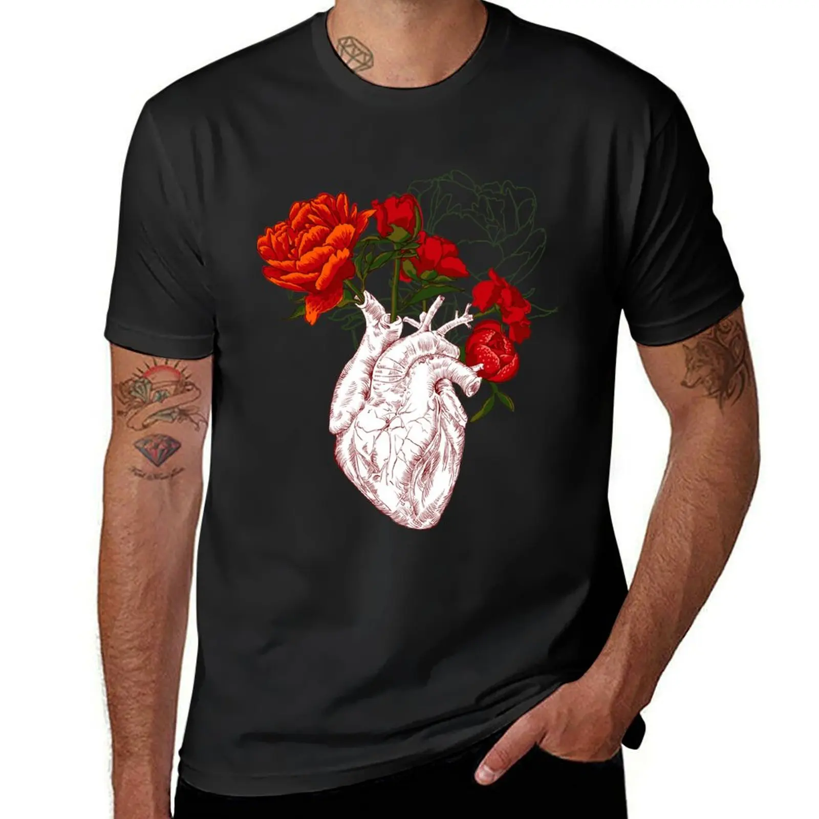 

drawing Human heart with flowers T-Shirt boys whites summer tops plain white t shirts men