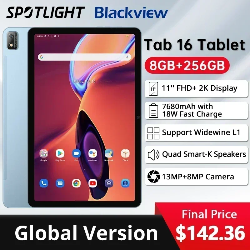 【World Premiere】Blackview Tab 16 Tablet Android 8GB+256GB 11''2k FHD+ Display 7680 mAh Battery Widevine L1 Unisoc T616 Tablet PC