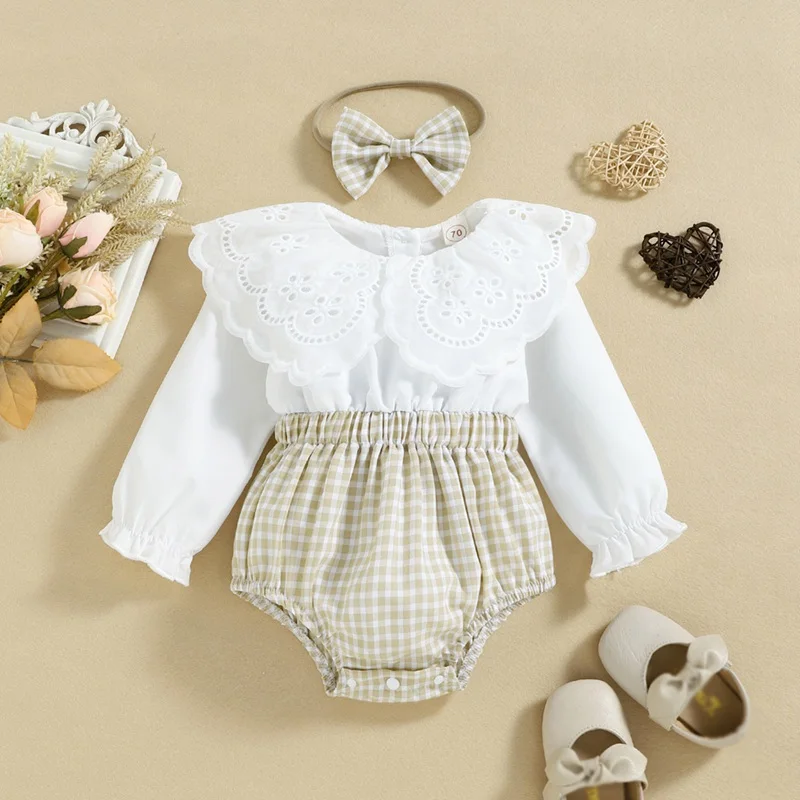 

2Pcs Newborn Baby Girl Fall Outfit Plaid Patchwork Lace Doll Collar Long Sleeve Romper + Hairband Set for Infants 0-18 Months