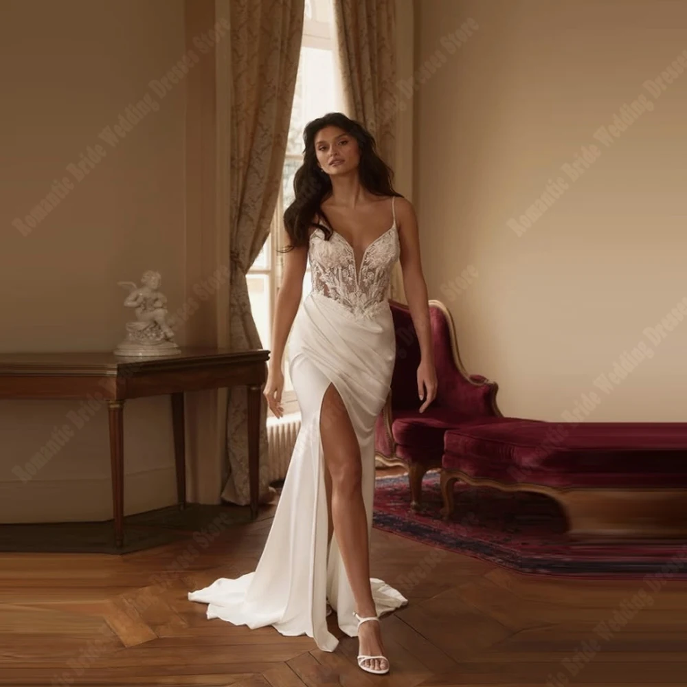 

Sexy Lace Flower Print Women Wedding Dresses Elegant V-Neck Lace Appliques Wedding Gowns Customized Banquet Vestidos De Novias