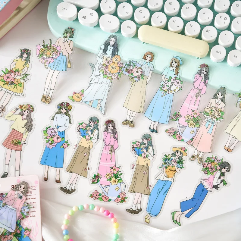 30 Blatt Mädchen mit Blumen Charakter Aufkleber Kawaii Anime Stil selbstklebend für Journal Scrapbook DIY Dekoration