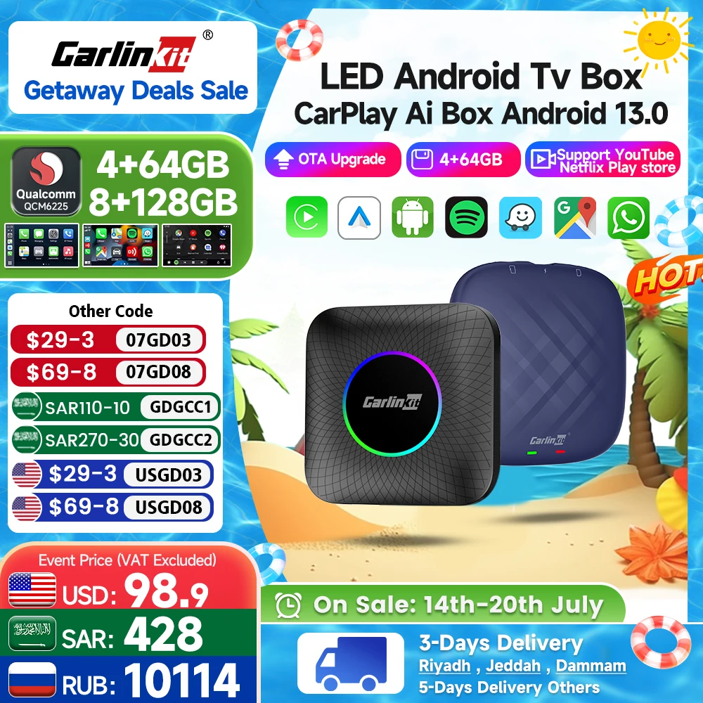 

Carlinkit Ai Box Android 13 Led Wireless Android Auto & CarPlay Smart Tv Box QCM6225 Support Youtube Netflix Car Accessories