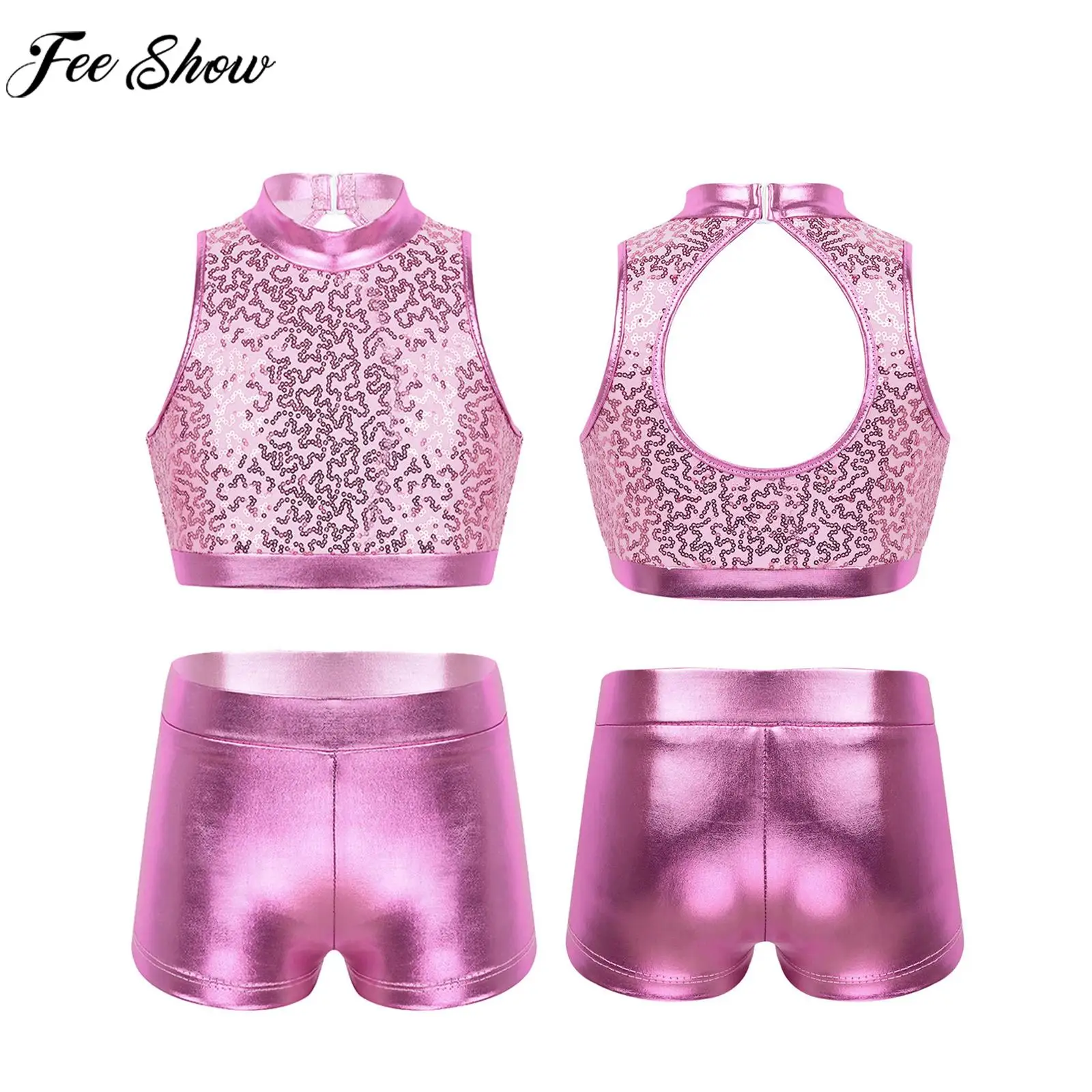 Kids Girls Jazz Dance Outfit Shiny Sequin Sleeveless Hollow Out Crop Top with Shorts Set for Tap Hip Hop Dance Stage Performance