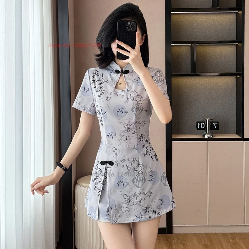 

2025 chinese sexy nightclub dress improved qipao cheongsam national flower print qipao dress+shorts set hotel spa work dress