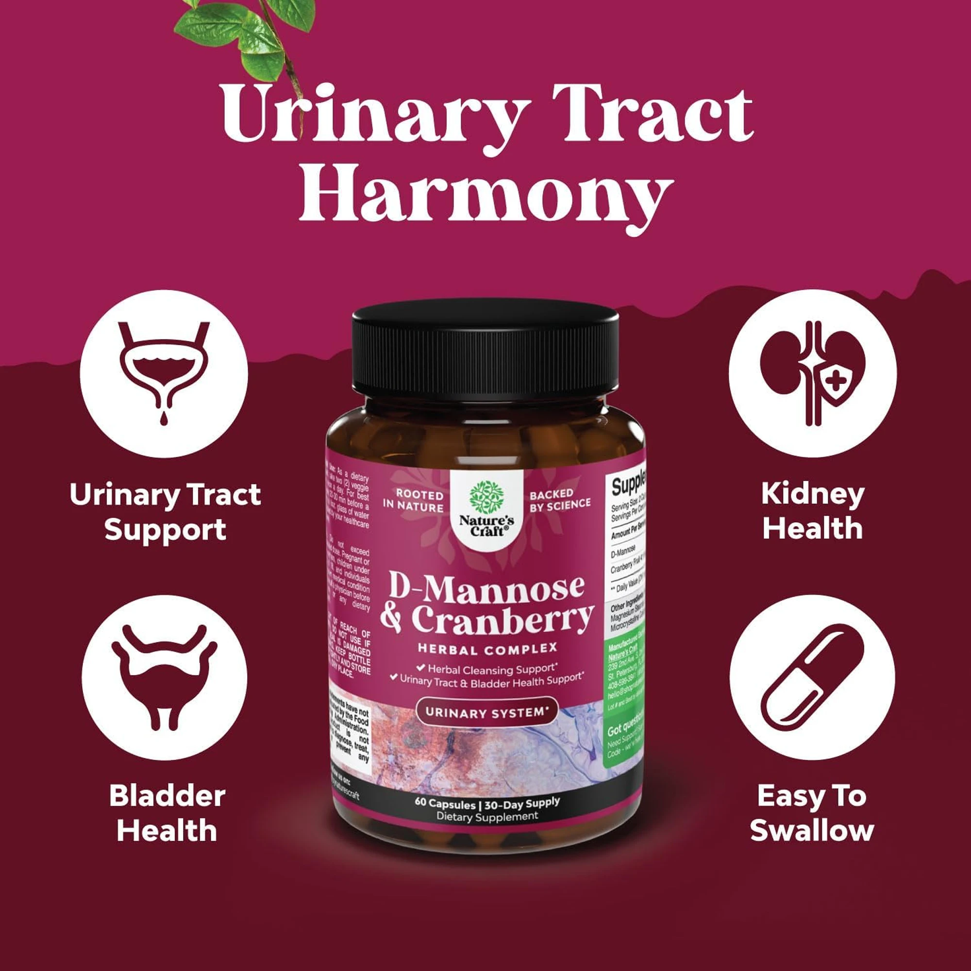 D-Mannose & Cranberry Capsules - Good for Urinary Tract Health, Bladder Control, Liver Health, Immune System, Non-GMO