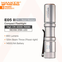 Manker E05 II (Ti-Bead Blasted, High CRI Version, 4000K R9080) Compact EDC Flashlight, NICHIA 519A LED 1300 Lumens, 14500 or AA