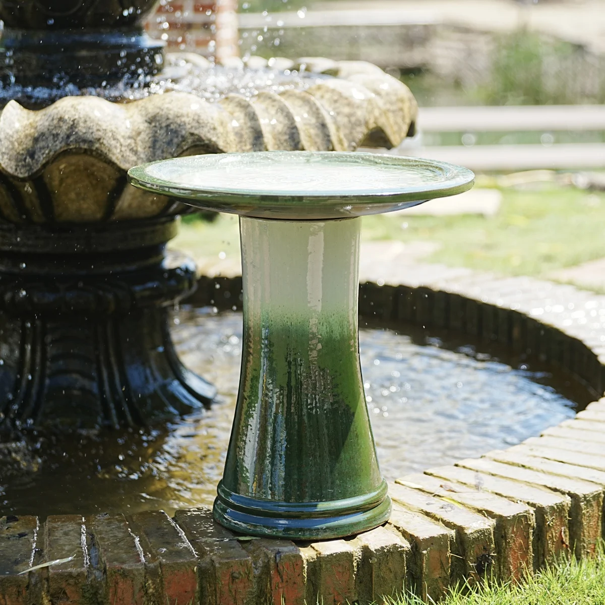 Handmade glazed ceramic bird bath, 17" concentric ripple embossed tray & 18" pedestal base, white to sage green ombre gradient glaze outdoor bird feeder for yard, lawn, patio & backyard view 6