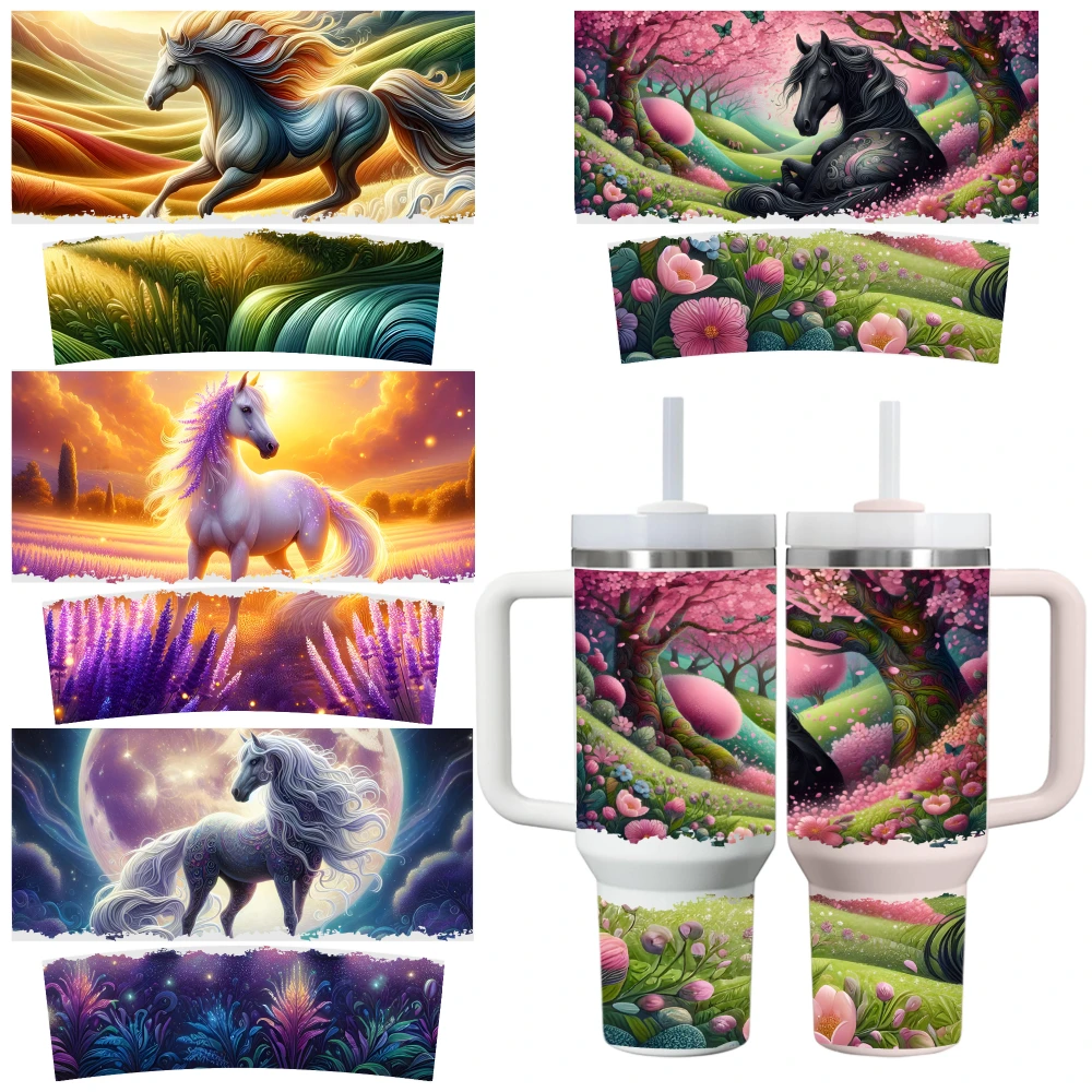 4 Sheets Fantasy Horse Sunset Landscape Magic Flower Field Moonlight Dream UV DTF Stickers for 40oz Tumblers UV DTF Adhesive
