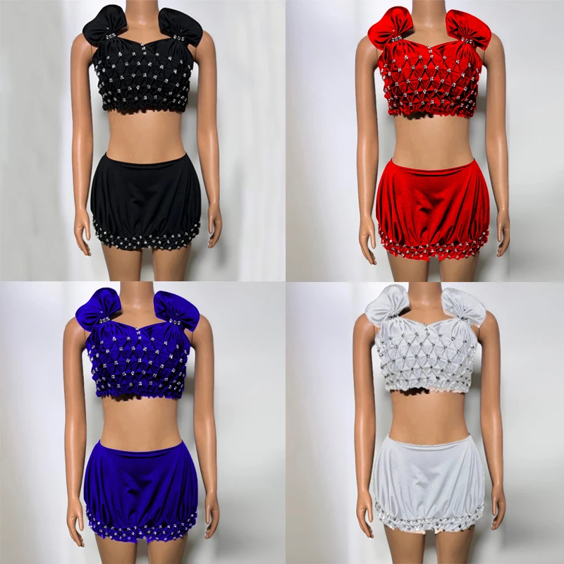 

New Sexy Gogo Dance Costume Party Celebrate Festival Outfit Rhinestones Pole Dance Bar Ds Dj Stage Clothes Top+Short Skirt Set ﻿