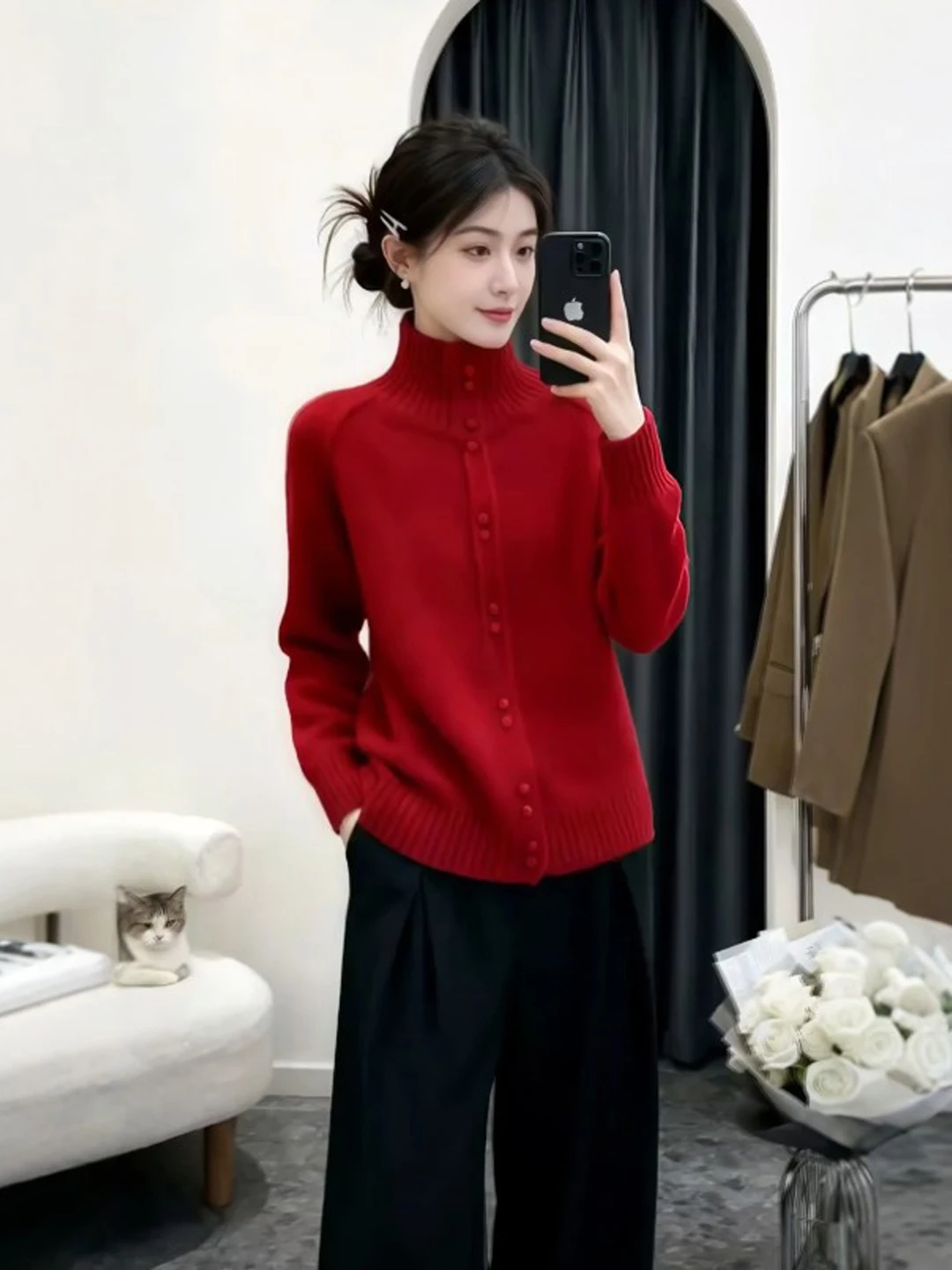 

Spring New Arrival Red High Collar Knitted Sweater Unique Sle Not Repeating Gentle Sle Slim Fit Long Sve Women's Top