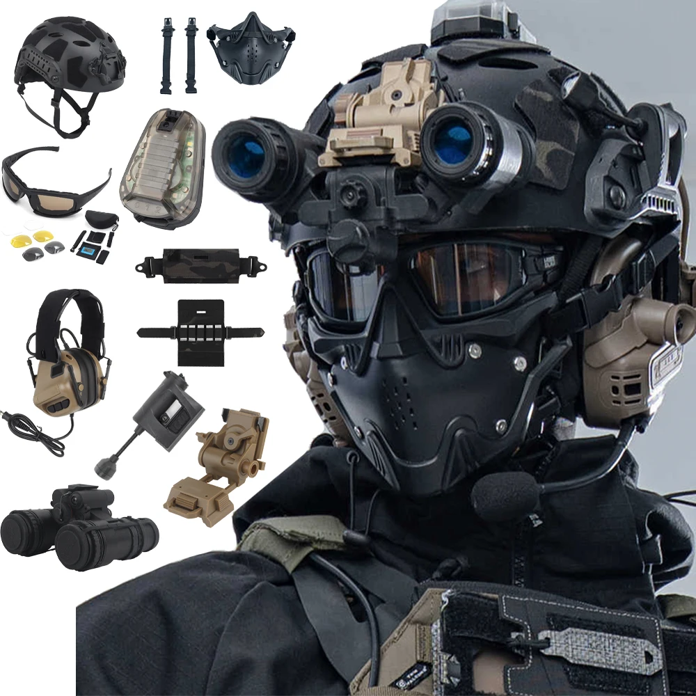 

Tactical Airsoft Helmet Set with NVG Model Goggles Helmet Light Headphones 3D Printing Mask CS Hunting Shooting Protective Gear