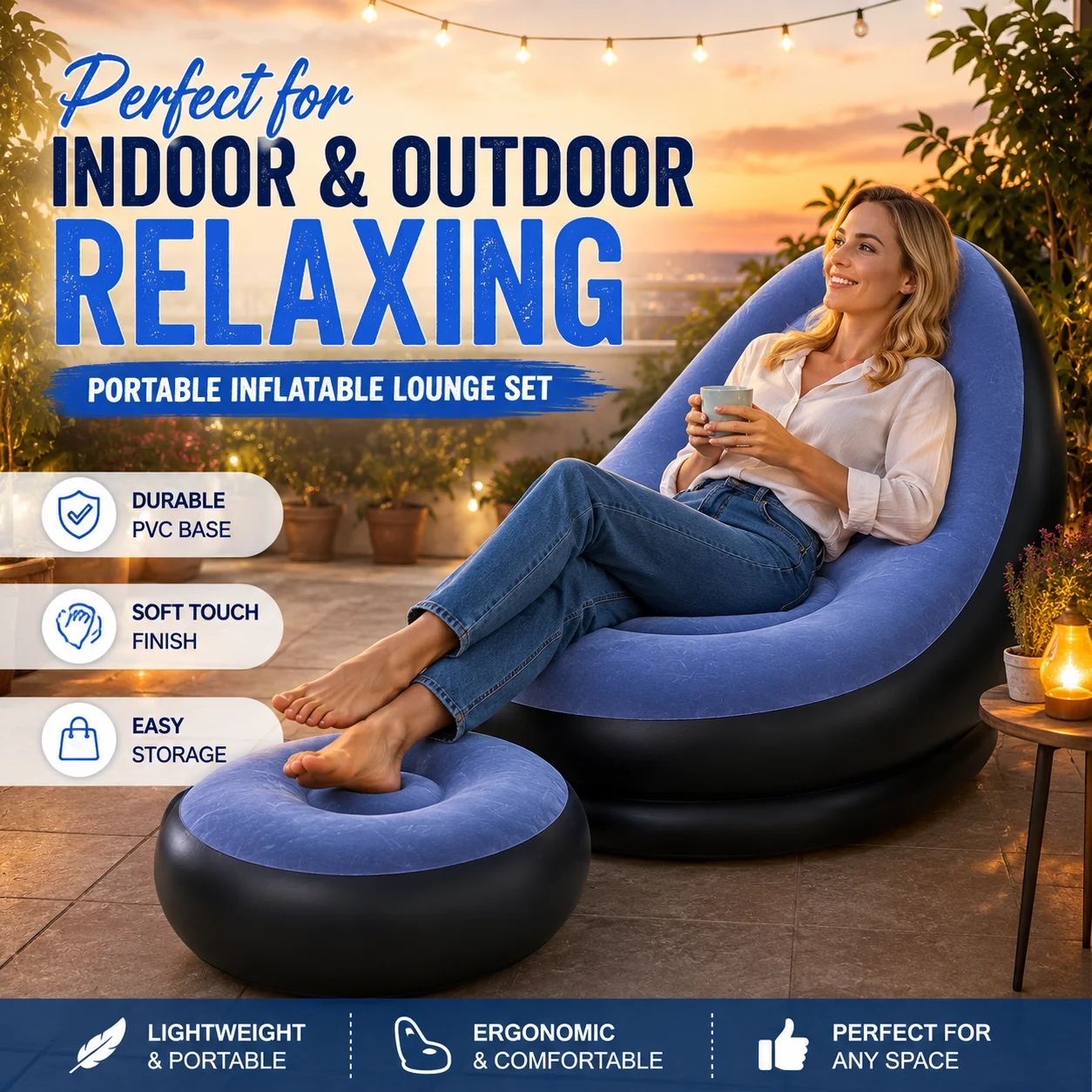 1PC Portable Inflatable Lazy Sofa Bean Bag Chair And Ottoman Set Soft Flocked Floor Recliner Air Lounge Chair for Home Bedroom