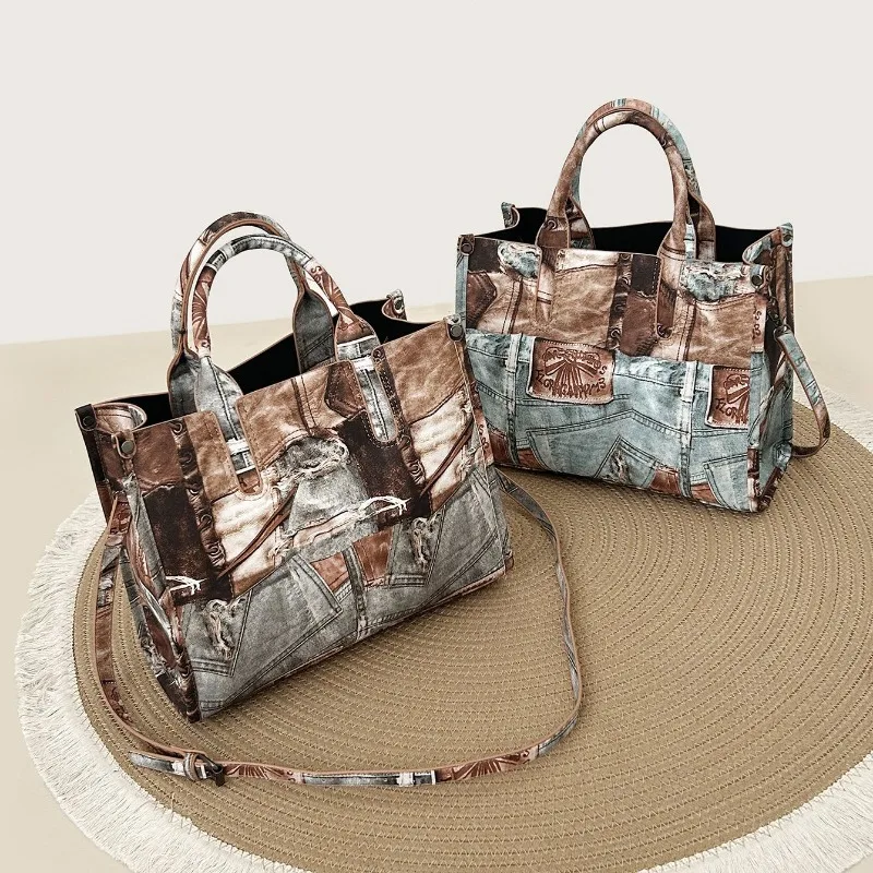 European American Personality Painted Imitation Jeans Handbag Large-capacity Fashion Commuting Out Tote Shoulder Messenger Bag