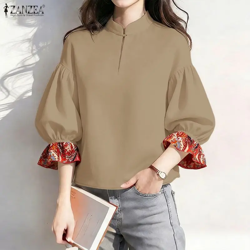 

Женские винтажные блузки с воротником-стойкой, весна-лето, повседневные, с рукавами-фонариками, с цветочным принтом на манжетах, блузка ZANZEA, женские топы, размеры S-3XL