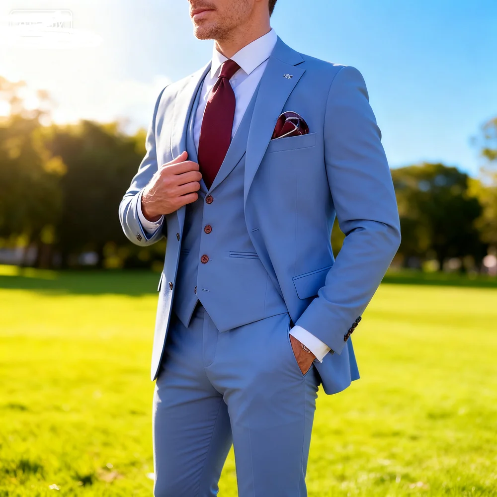 

Solid Slim Fit Men's Tuxedo 3 Piece Set - Notch Lapel Blazer Pants Vest Smart Casual Wedding Groom Business Suit