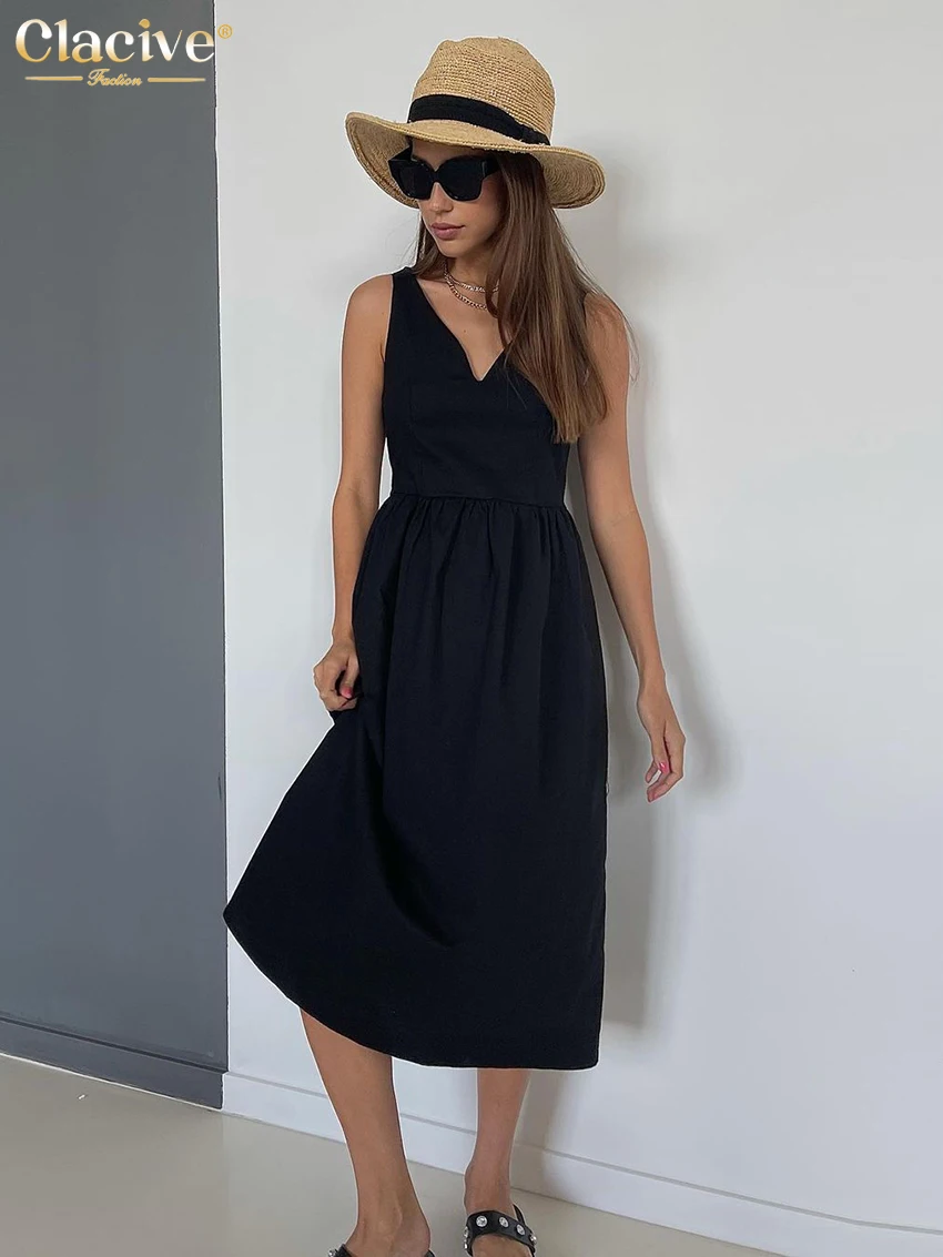 Clacive Summer V-Neck Green Women\'S Dress 2022 Casual Loose Sleeveless Office Midi Dresses Elegant Classic Ruched Female Dress