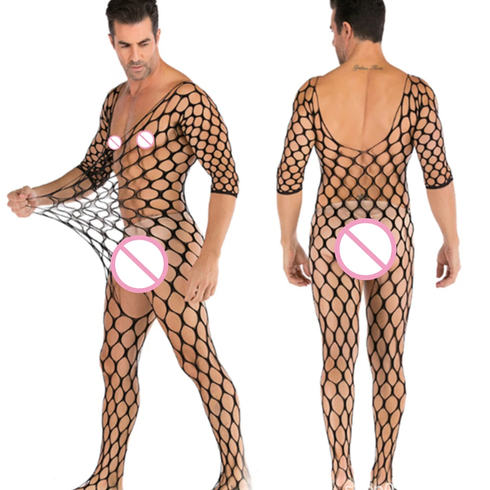 Plus Size Men's Black Sexy Lingerie Fishnet Body Stockings Male Underwear Exotic Lingerie for Man Open Crotch Transparent Tights - view 4