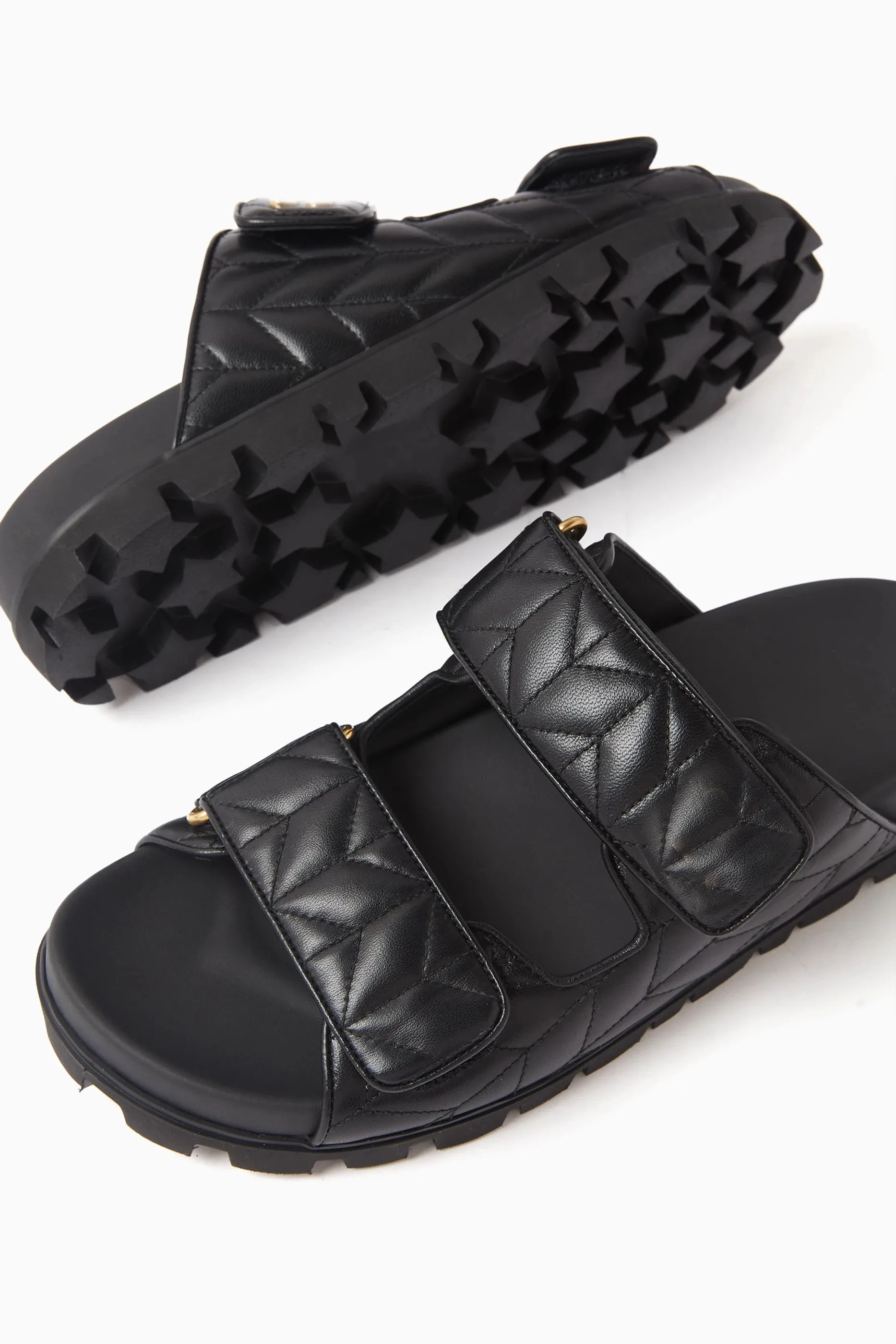 Women's Matelasse Nappa Leather Slides Black Quilted Slip-on Slippers