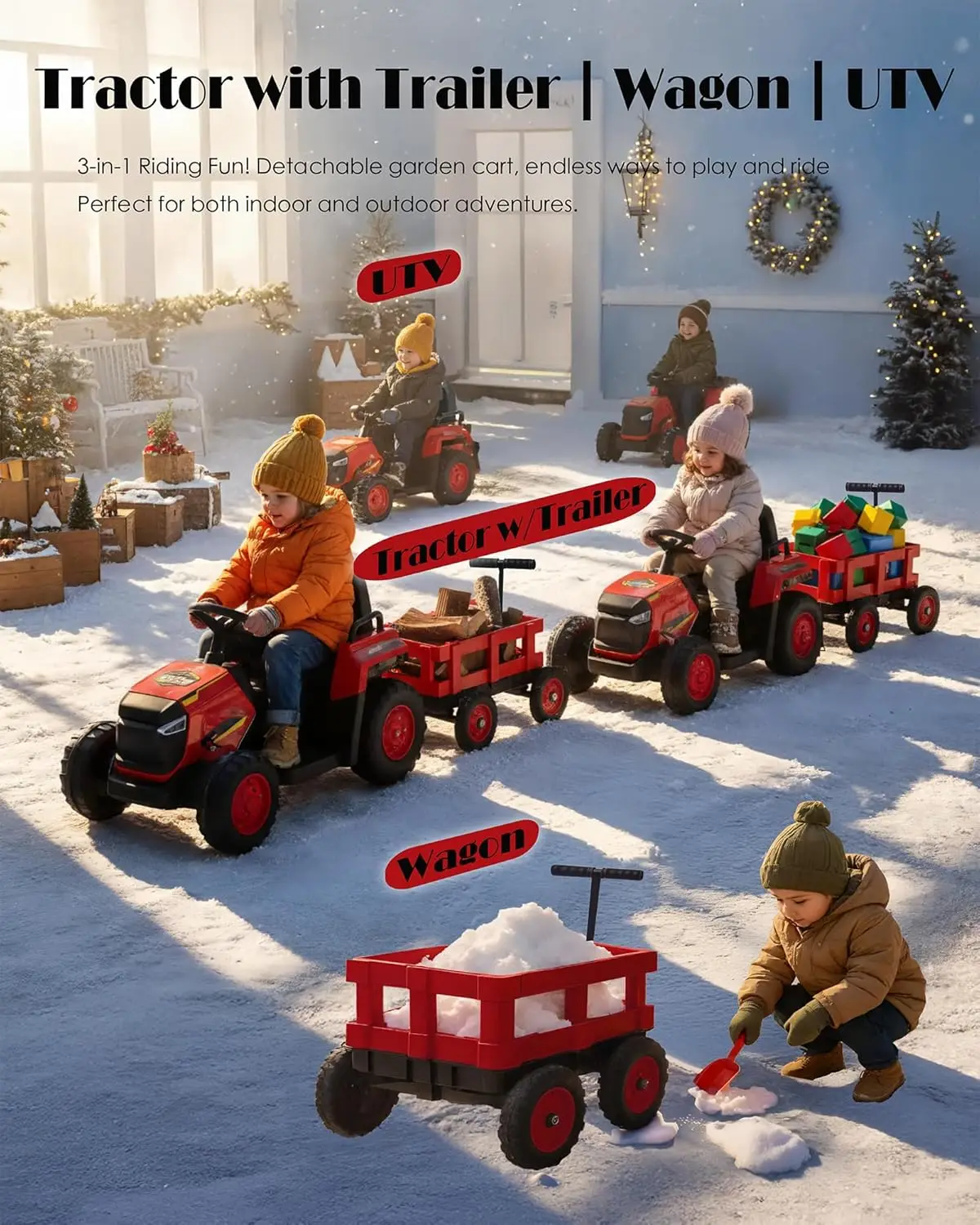 어린이용 탈착식 정원 카트가 있는 트랙터, 12V 전기 자동차, 트레일러 포함, 최대 하중 66파운드, 배터리 구동, 8륜