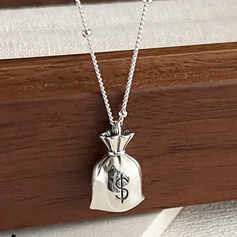 Creative Personality Sterling Silver Small Money Bag Pendant Necklace for Women Girls Round Bead Collarbone Chain Jewelry Gifts