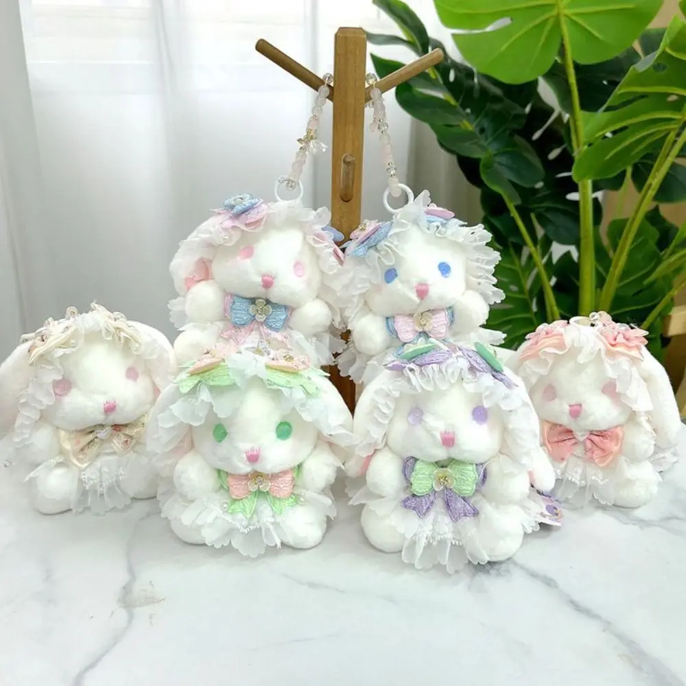 

Princess Pearl Dress Plush Rabbit Keychain Stuffed Soft Rabbit Doll Keyring Cartoon Kawaii Drooping Ear Rabbit Pendant