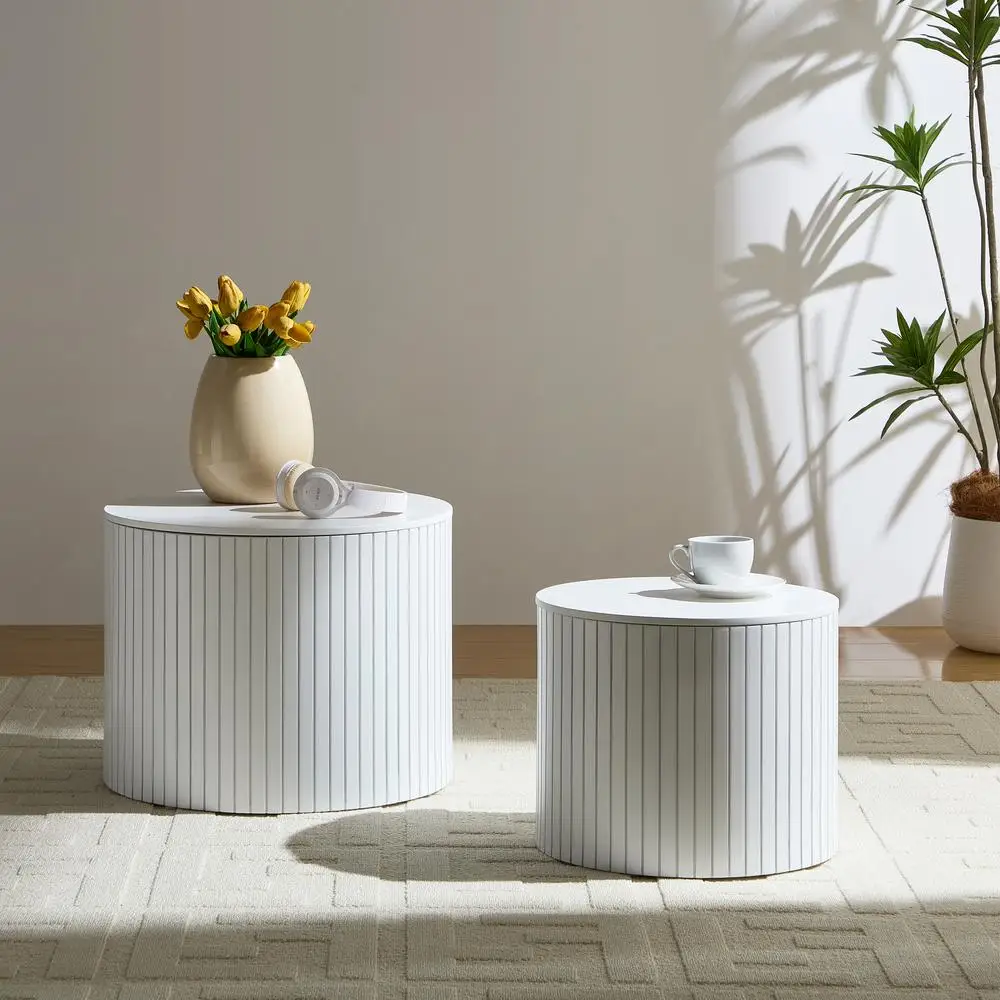 

Nesting Coffee Table Set 2 Piece Round MDF Modern Living Room Lounge Space Saving Durable White