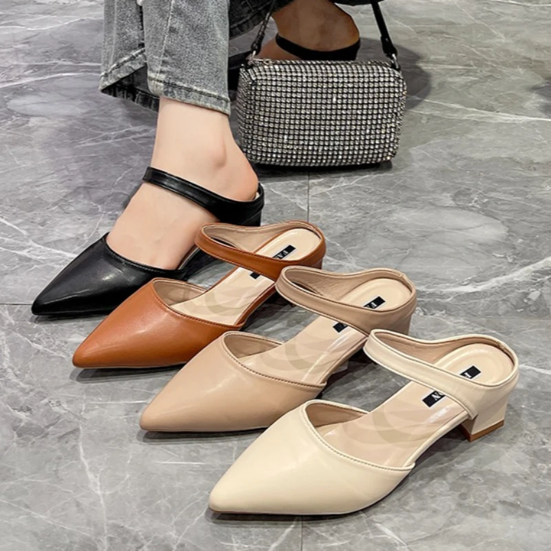 Women Sandals Elegant French Style Half Slippers Pointed Toe High Heels Shoes Women Summer Fashion Rubber Sole Ladies Sandals
