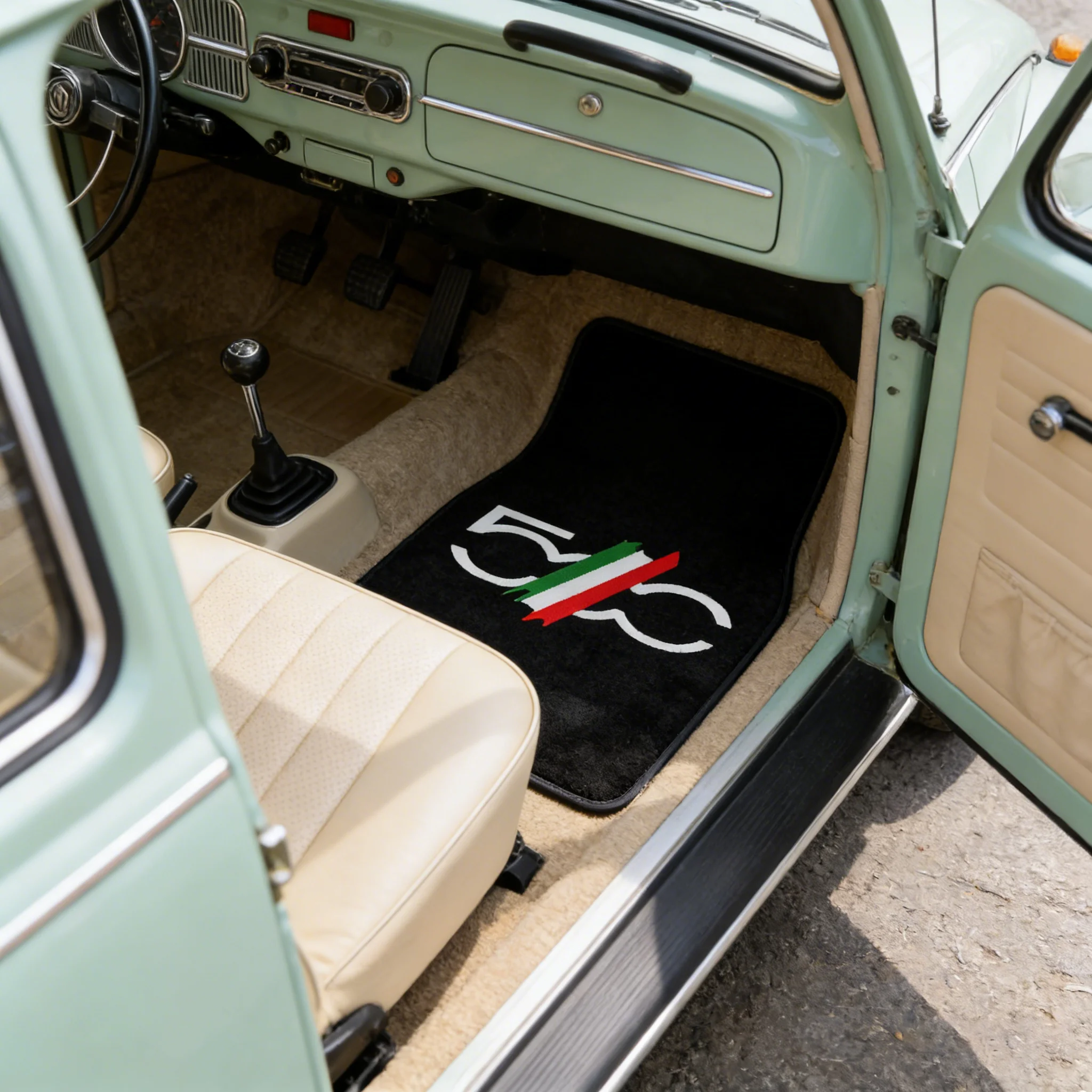 4Pcs Minimalist Car Floor Mats with FIAT 500 Pattern, Universal Fit, Easy to Clean All-Weather Carpets