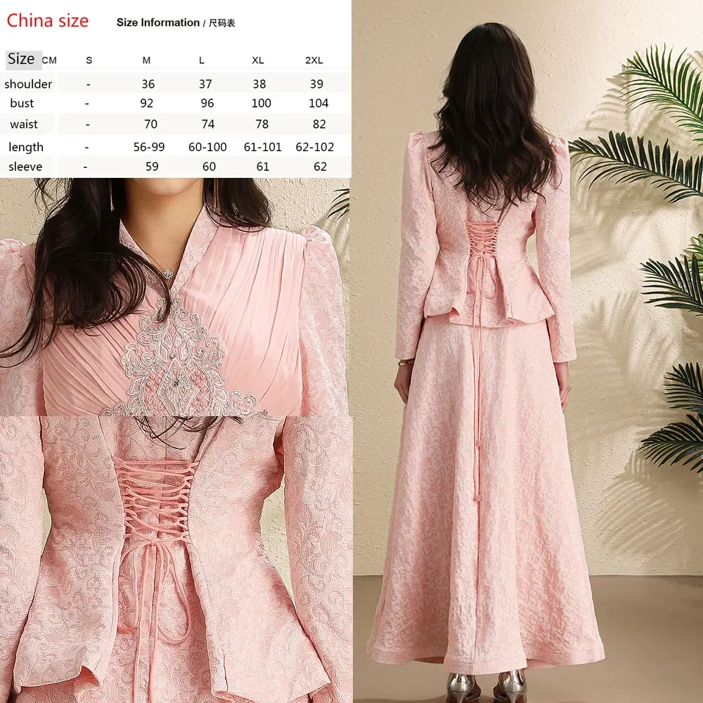 Greenora Luxury Two Piece Suit Jacquard Women Beaded Embroidery Ruched V Neck Long Sleeve Corset Lace Up Back Peplum Top And