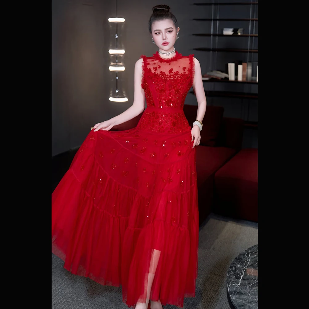 Meyyithun Vestido de mujer de malla con lentejuelas plisado Línea A cuello redondo Vestidos largos Ocasión a medida Estilo moderno Vestidos de fiesta sin mangas