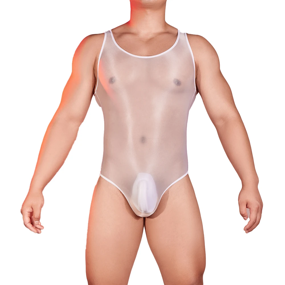 Malha pura masculina ver através do bodysuit, macacão transparente sem mangas, fenda alta apertada Collant elástico, Lingerie erótica sedutora