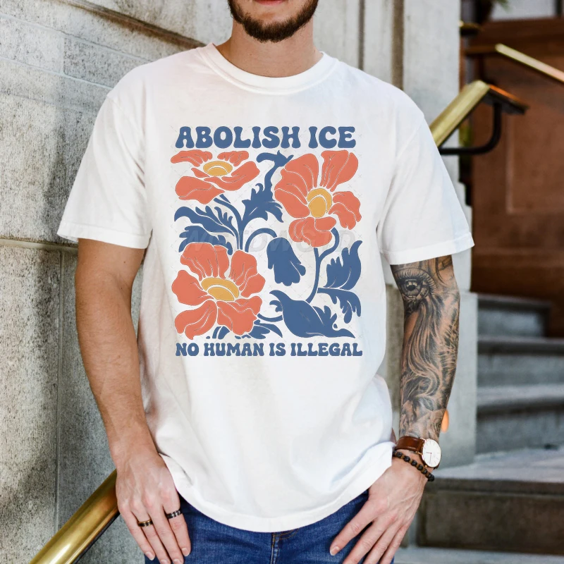 

Футболки с принтом в стиле ретро с цветочным принтом Abolish Ice No Human Is Illegal, летние топы с круглым вырезом и короткими рукавами, футболка с рисунком, мужская одежда
