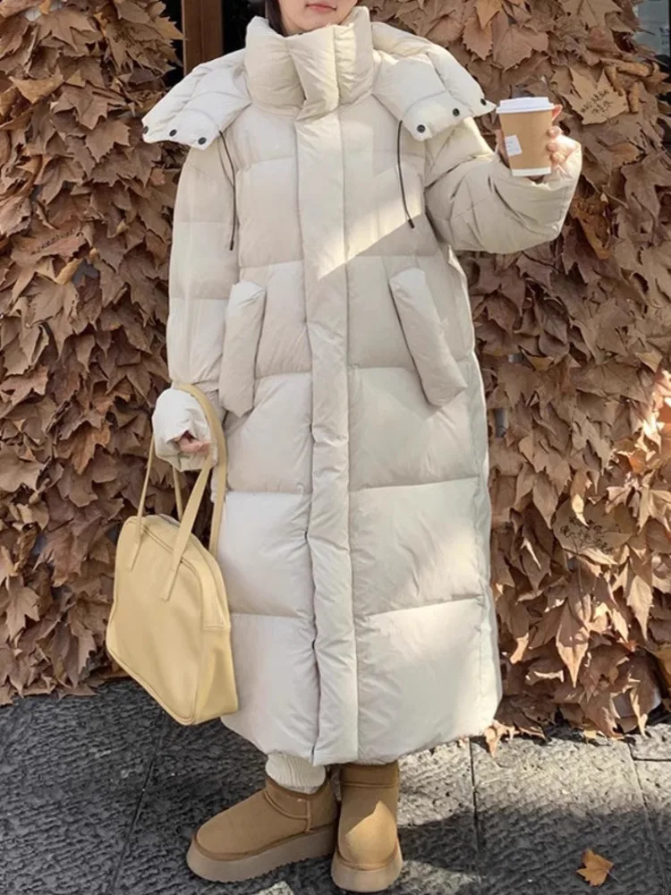 ZMEENNA المرأة سترة طويلة منتفخة الوقوف طوق مقنعين البريدي الكامل شتاء دافئ ماكسي ملابس خارجية فضفاضة تناسب الأسود ZM4478