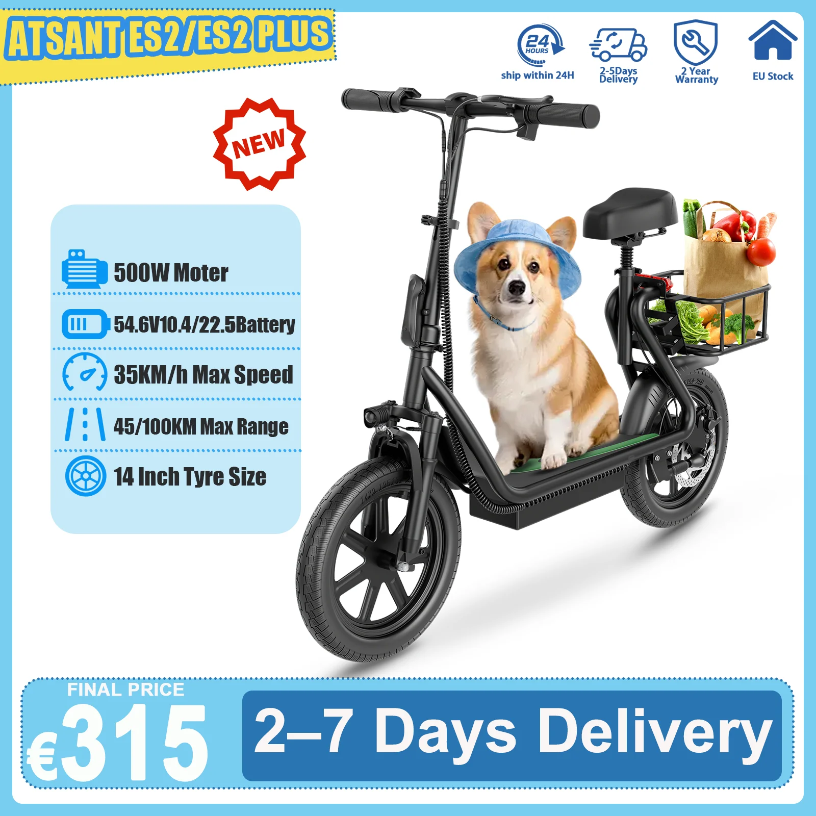 Image of 2025 Nuovo scooter elettrico ATSANT ES2/ES2 PLUS con sedile 500W 35KM/H 54.6V10.4/22.5Ah 45/100KM Pneumatici da 14 pollici con Smart APP EBlike cod004