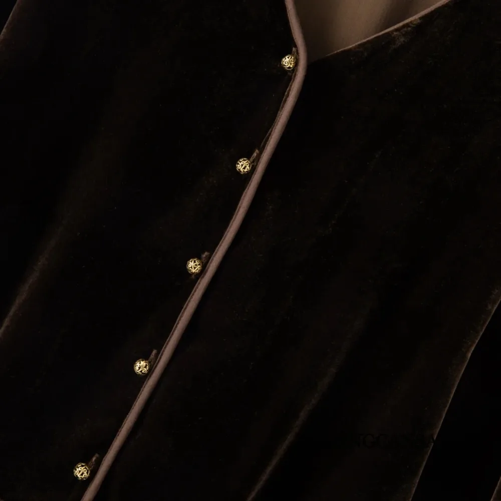 2025 Women's Fashion Autumn Clothing 30% Natural Mulberry Silk Velvet V-neck Lantern Long Sleeved Versatile Solid Color Cardigan