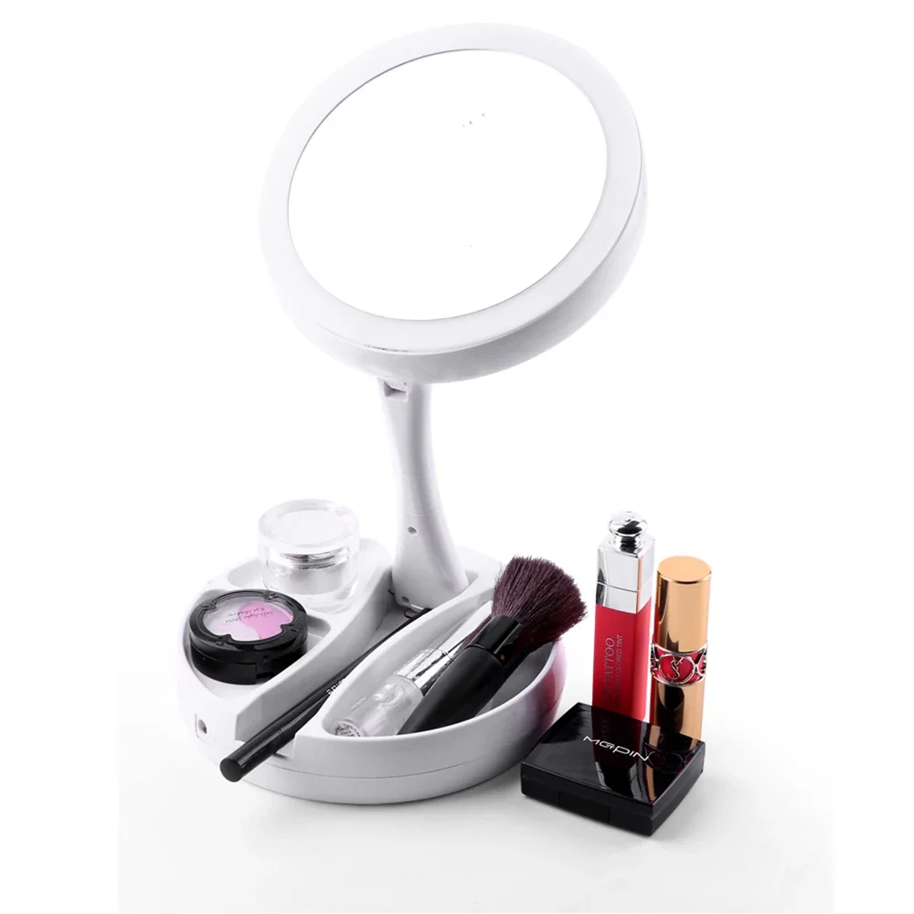 LED Light Folding Makeup Mirror Portable Rotating 10x Magnifying Up Double Side Storage Mirror Tabletop Batteries USB Charging