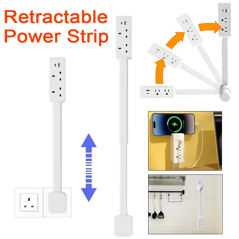 Electrical Wall Plug Rotates 180° Power Outlets Extender Adjustable Length for Home Sofa, Bedside Table Nightstands Desk