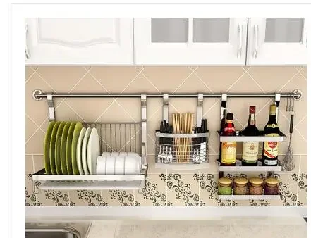 Stainless steel kitchen shelving. Wall hanging wall perforation plus thick knife rack. Seasoning rack. Hang rod