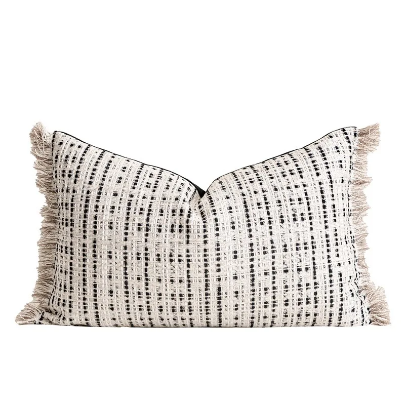Modern Black White Linen Cotton Decorative Pillow Case 50x50cm Fringes Edgings Lumbar Cushion Cover 1 Piece Pack