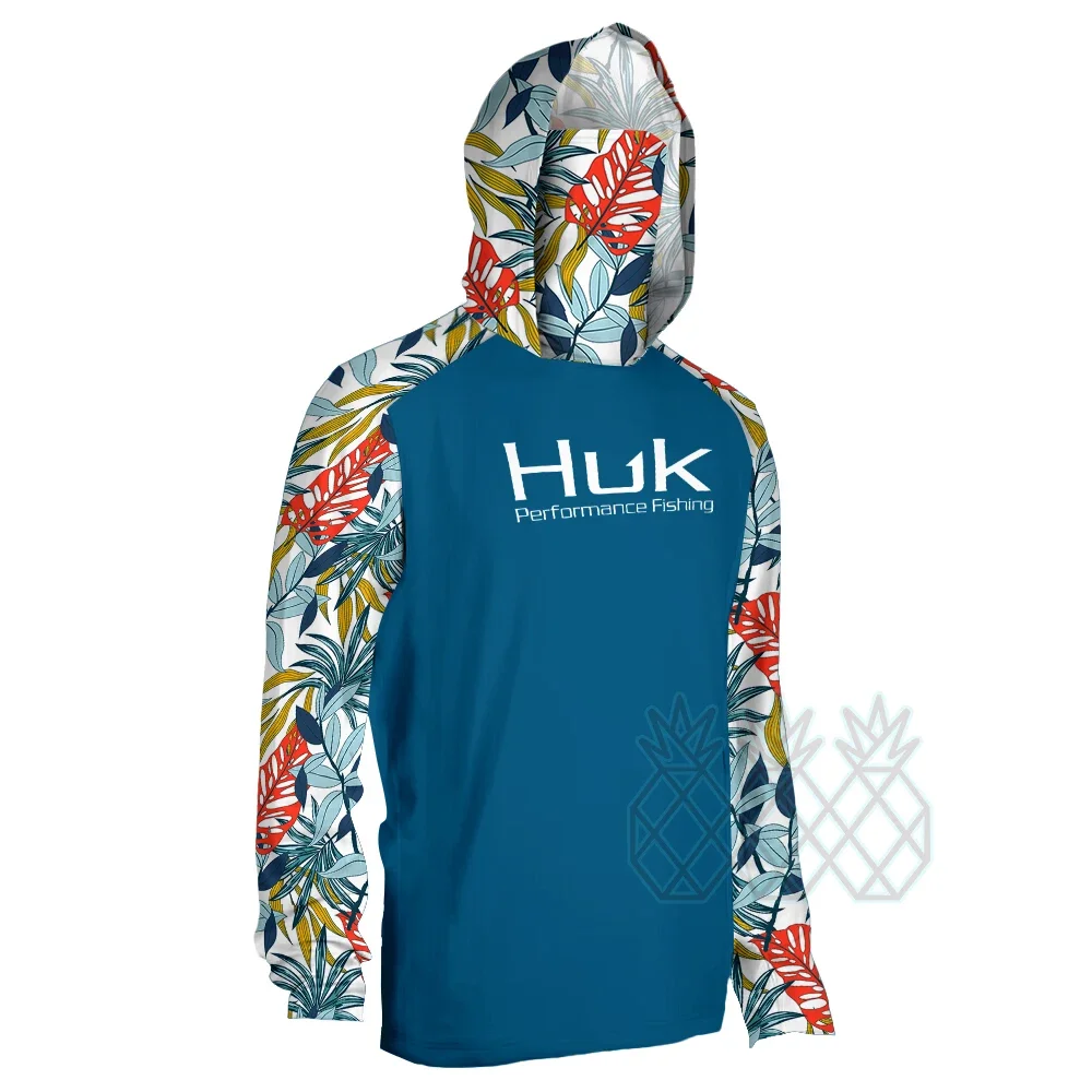 HUK Men\'s Long Sleeve Fishing Hoodie Shirts With Mask UV Neck Gaiter Fishing Tops Outdoor Breathable Performance Angling Clothes