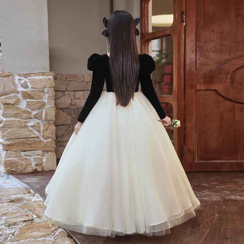 Girls' dress velvet black floor-length long-sleeved princess dress square collar piano performance costume