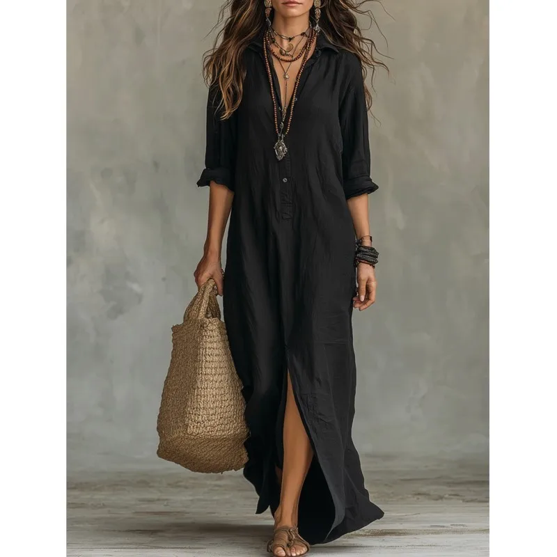 2026 Spring Autumn Oversize Dress Solid Color Front Opening Collar Single-Breasted Long Dresses Casual Shirt Dress Lazy Style