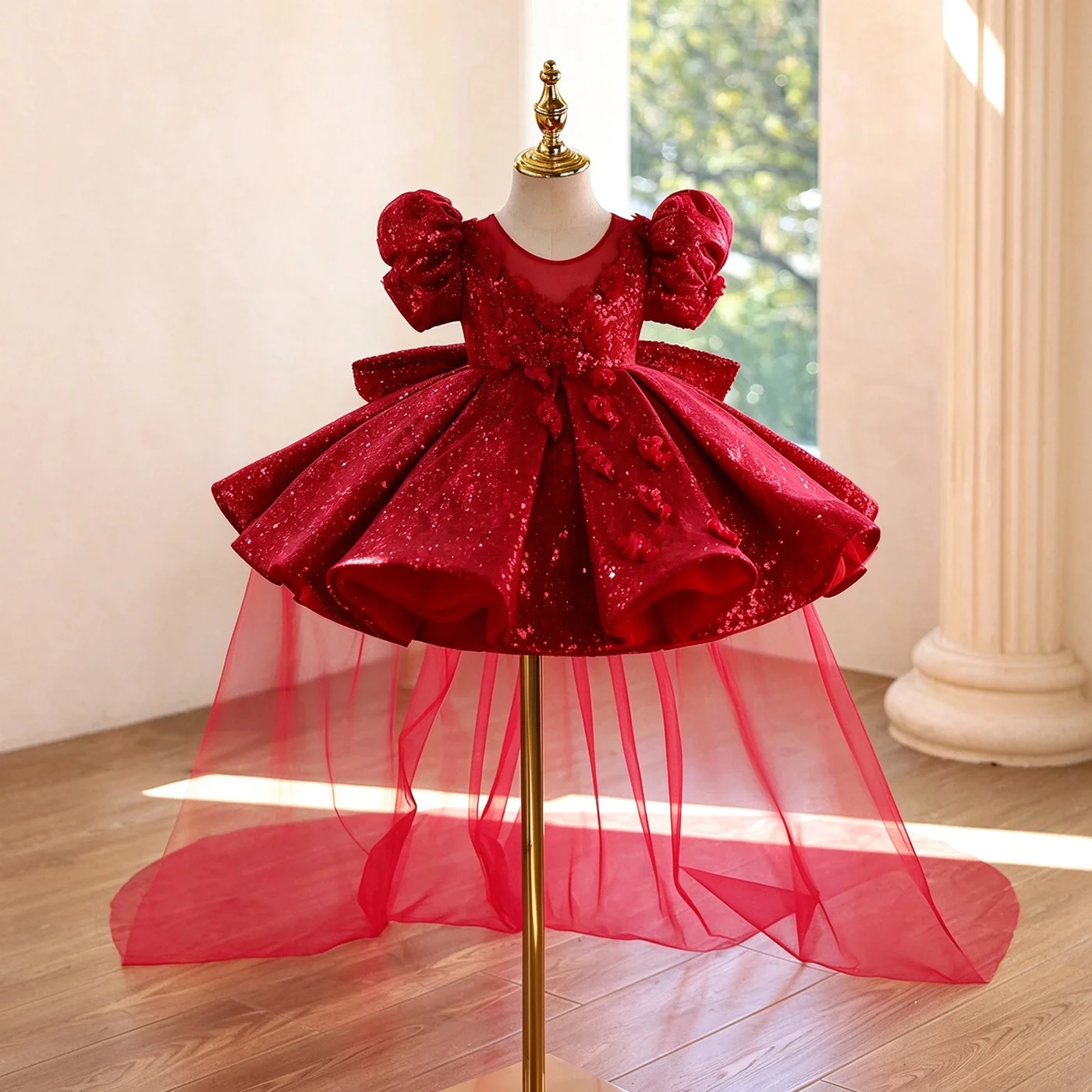 Jill Wish J925 Luxury Red Sequin High Low Flower Girls Dress Puff Sleeve Tulle Train Kids Birthday Pageant Party Robe 2026