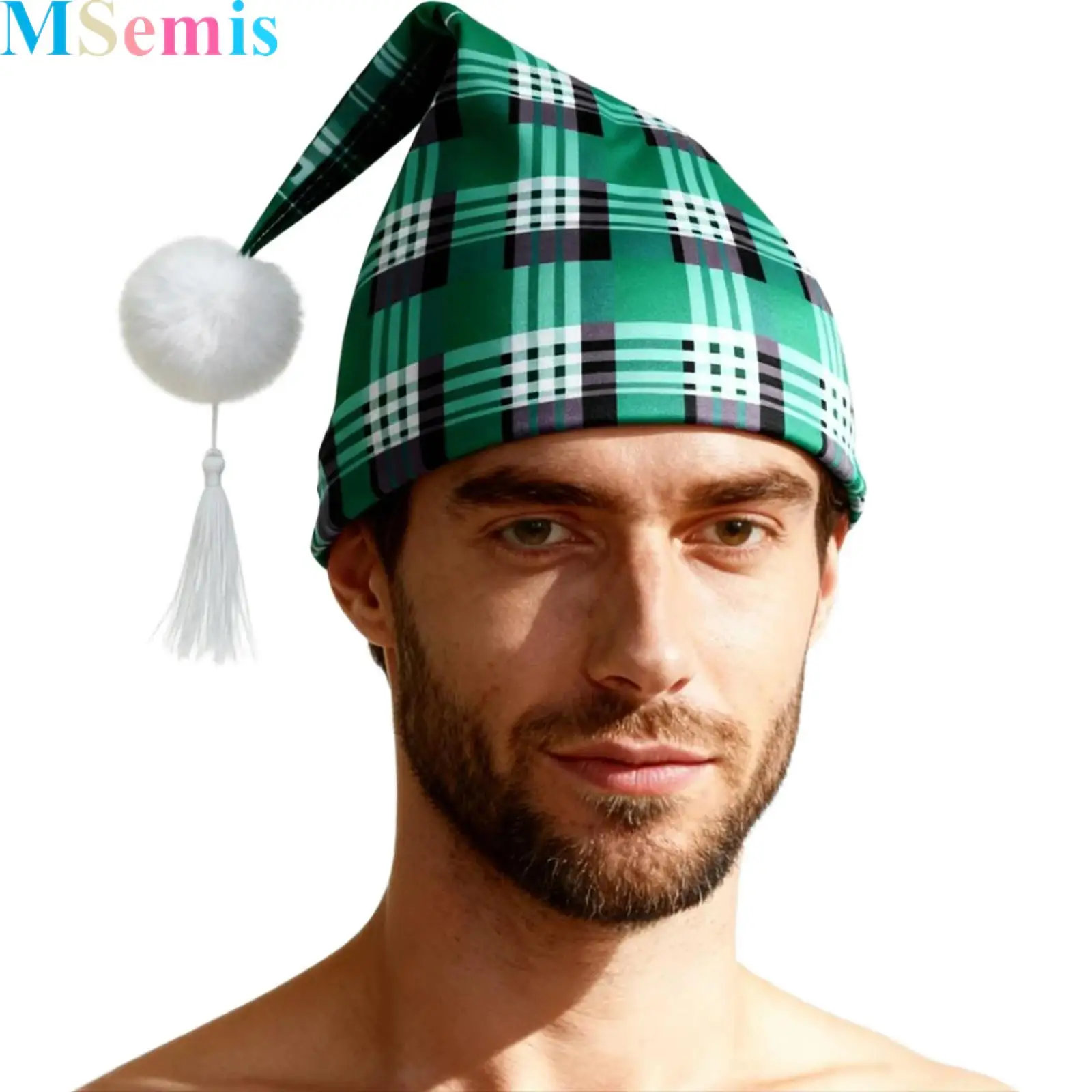 Men Adjustable Plaid Sleeping Night Stocking Cap Hat with Pom Ball And Tassel for Christmas Daily Nightwear Sleepwear