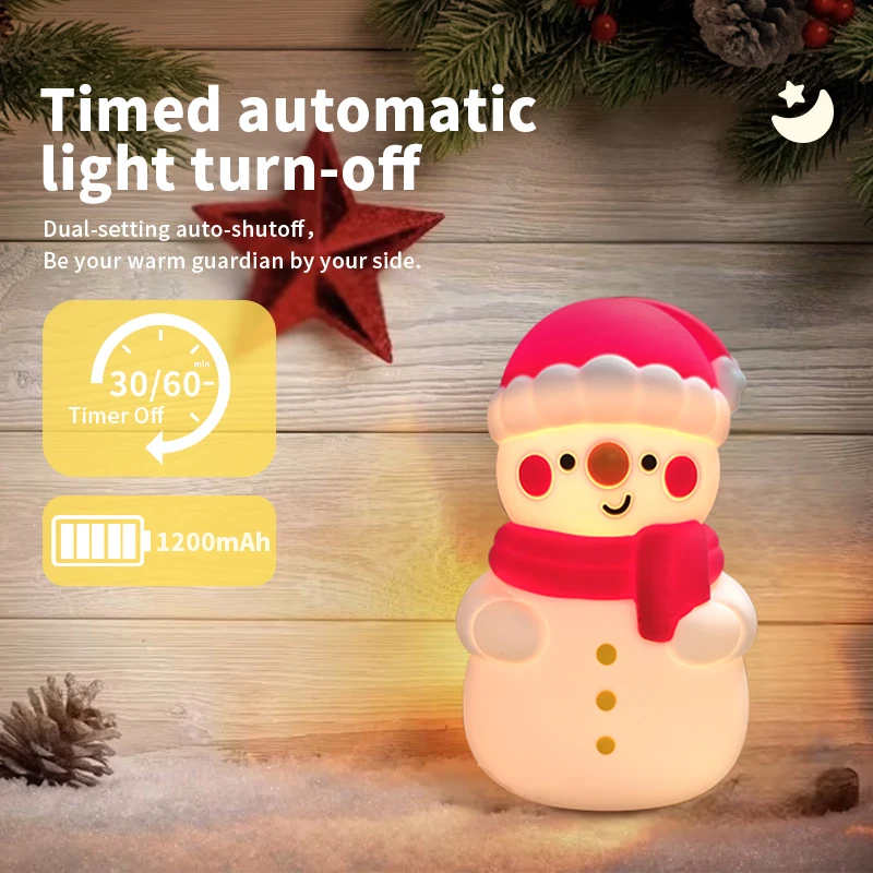 2024 Christmas New Year Gift Silicone Lamp Snowman Night Light Pat Soft Light USB Rchargeable Room Bedside Warm Decoration