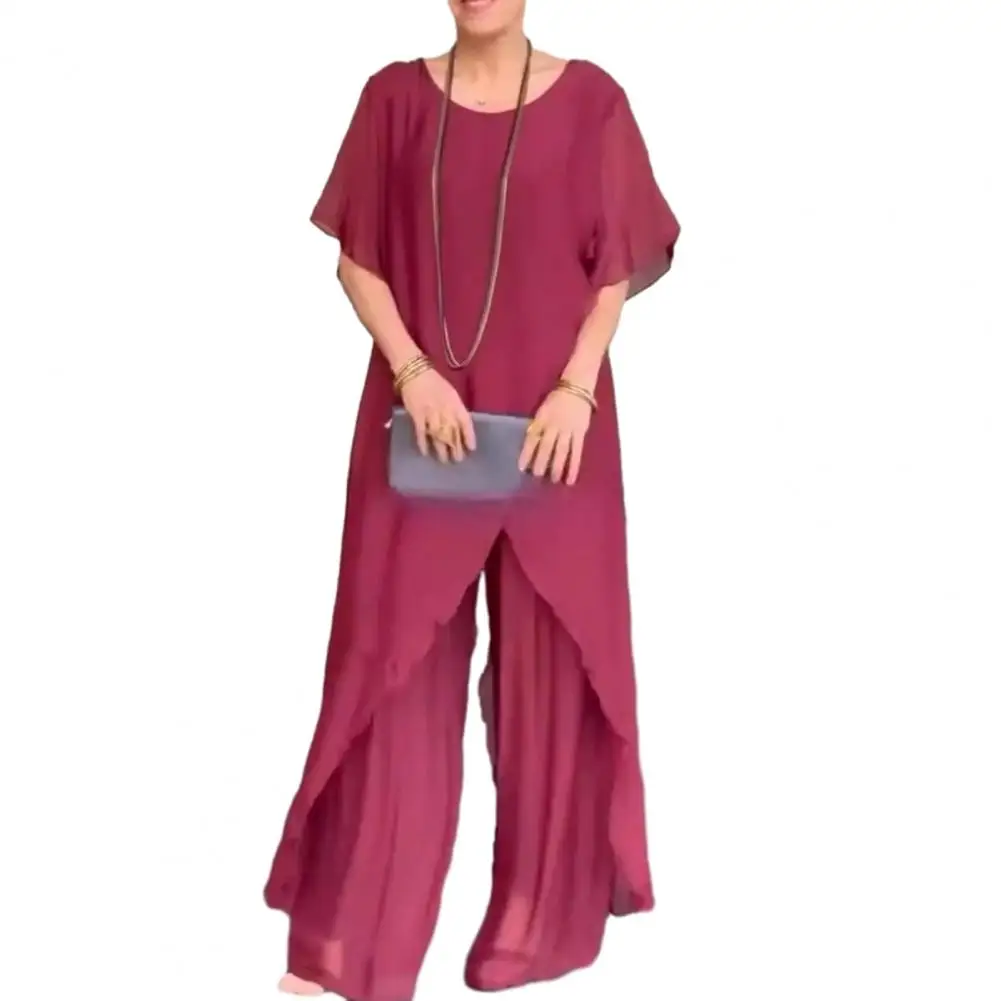 

2Pcs/Set Women Casual Outfit Round Neck Long Sleeve Irregular Hem Tops Elastic Waist Long Pants Set Solid Color Outfit