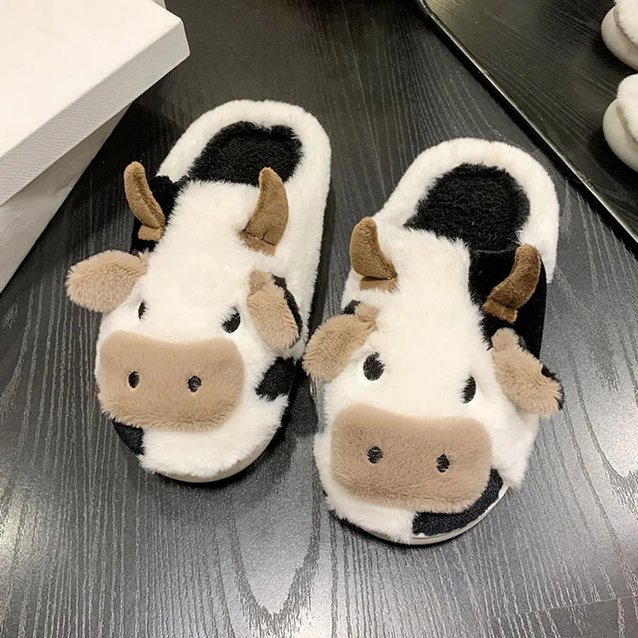 Nuovo inverno unisex cartone animato mucca calde pantofole di peluche coppia indoor antiscivolo casa diapositive uomini e donne toe wrap casa scarpe