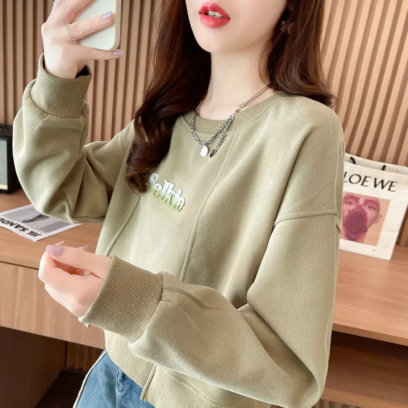 Office Lady Spring Autumn Women\'s Clothing Pullover Letter Round Neck Solid Color Lantern Long Sleeve Casual Loose Fashion Tops