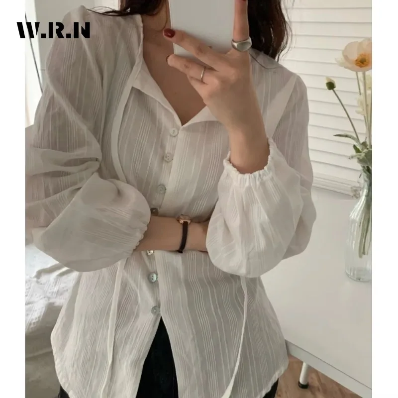 

Дизайнерские рубашки с длинными рукавами на шнуровке, женские весенне-осенние повседневные белые рубашки во французском стиле, свободный шикарный топ с пышными рукавами